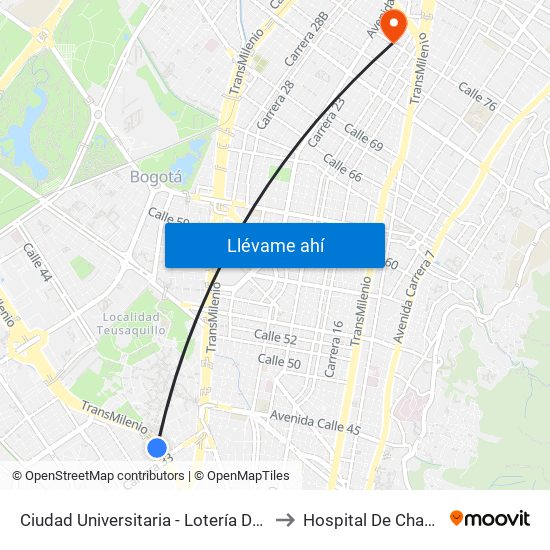 Ciudad Universitaria - Lotería De Bogotá to Hospital De Chapinero map