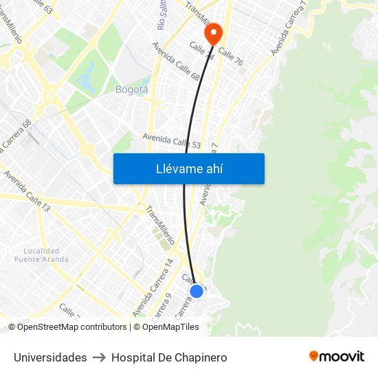 Universidades to Hospital De Chapinero map