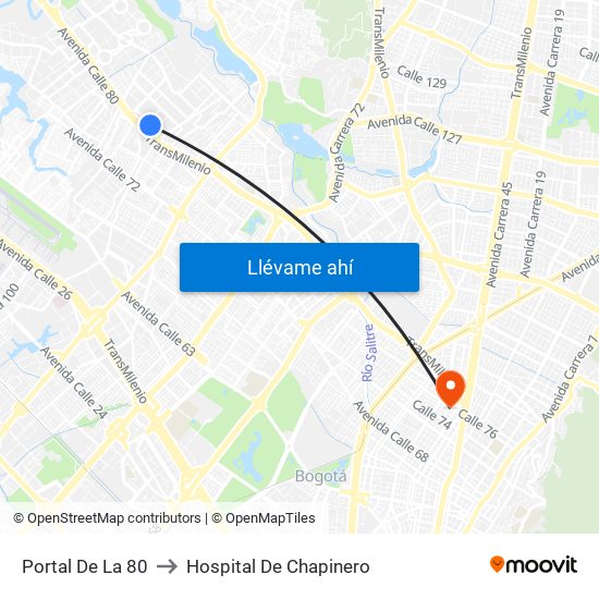 Portal De La 80 to Hospital De Chapinero map