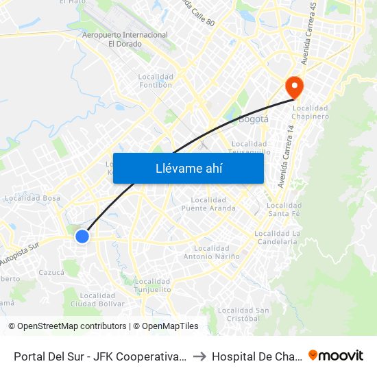 Portal Del Sur - JFK Cooperativa Financiera to Hospital De Chapinero map