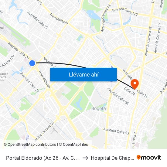 Portal Eldorado (Ac 26 - Av. C. De Cali) to Hospital De Chapinero map