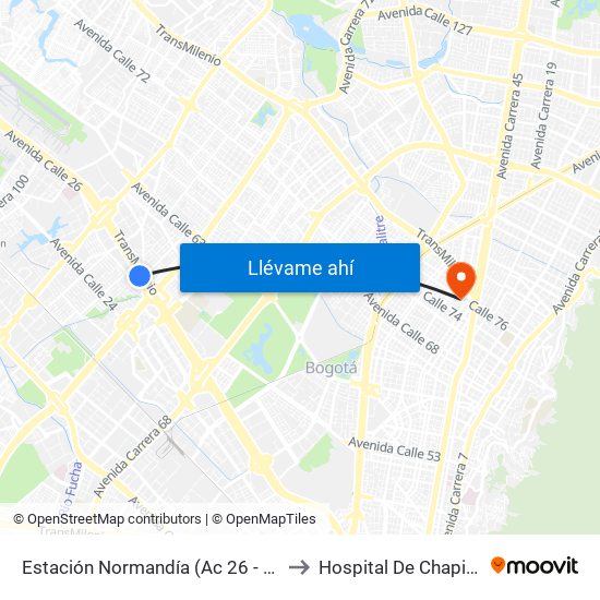 Estación Normandía (Ac 26 - Kr 74) to Hospital De Chapinero map