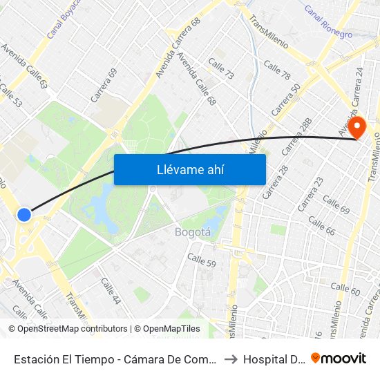 Estación El Tiempo - Cámara De Comercio De Bogotá (Ac 26 - Kr 68b Bis) to Hospital De Chapinero map