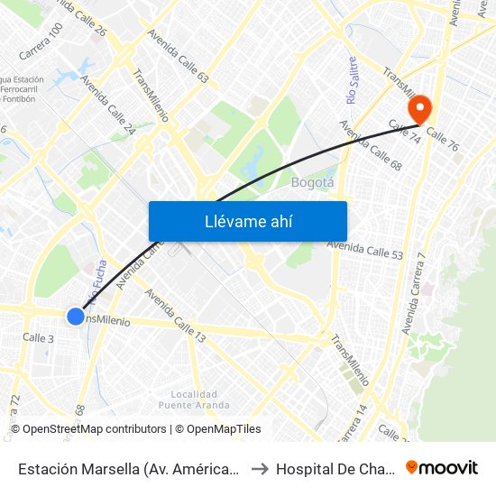 Estación Marsella (Av. Américas - Kr 69b) to Hospital De Chapinero map