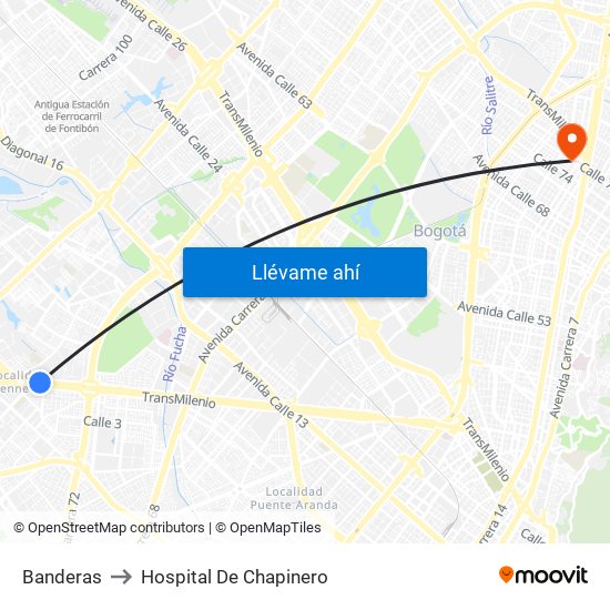 Banderas to Hospital De Chapinero map