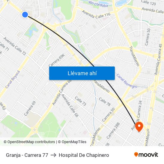 Granja - Carrera 77 to Hospital De Chapinero map