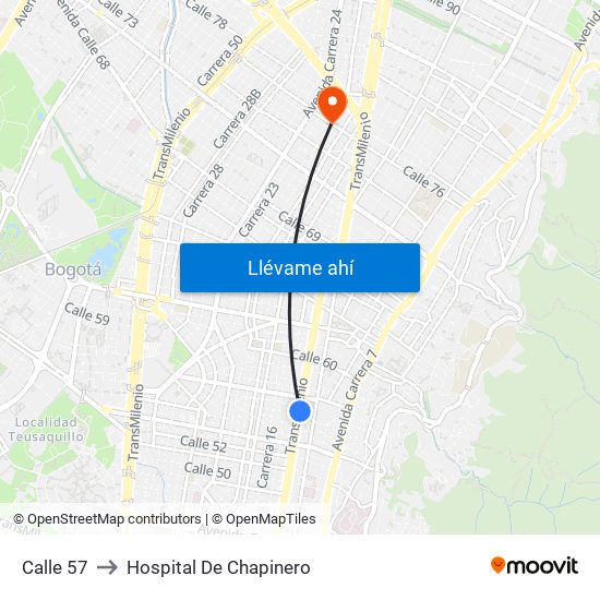 Calle 57 to Hospital De Chapinero map