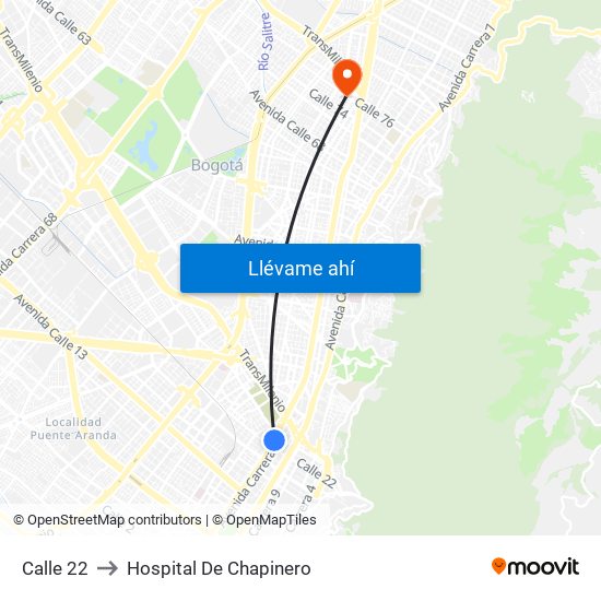 Calle 22 to Hospital De Chapinero map