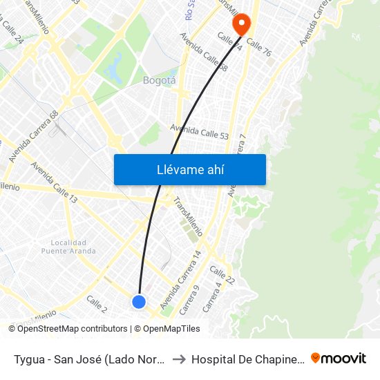 Tygua - San José (Lado Norte) to Hospital De Chapinero map