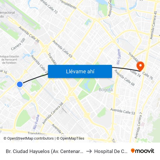 Br. Ciudad Hayuelos (Av. Centenario - Av. C. De Cali) to Hospital De Chapinero map