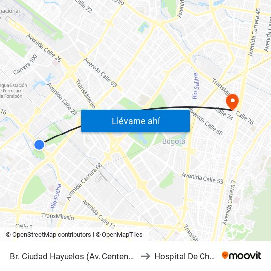 Br. Ciudad Hayuelos (Av. Centenario - Kr 78g) to Hospital De Chapinero map