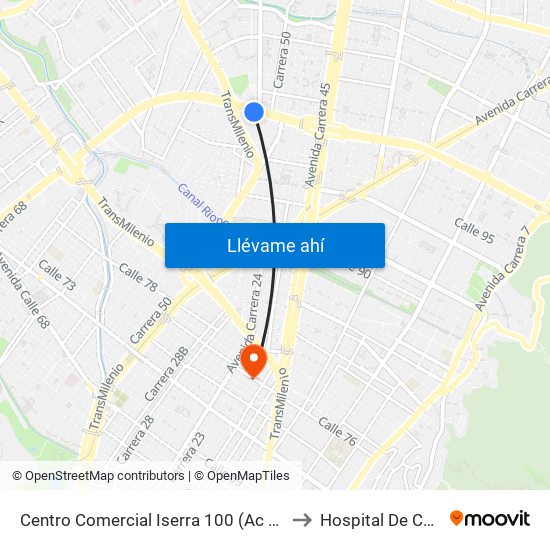 Centro Comercial Iserra 100 (Ac 100 - Kr 54) (B) to Hospital De Chapinero map