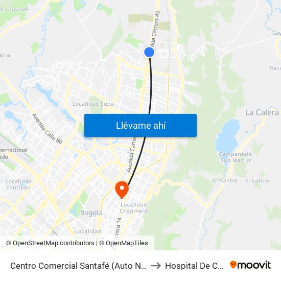 Centro Comercial Santafé (Auto Norte - Cl 187) (B) to Hospital De Chapinero map