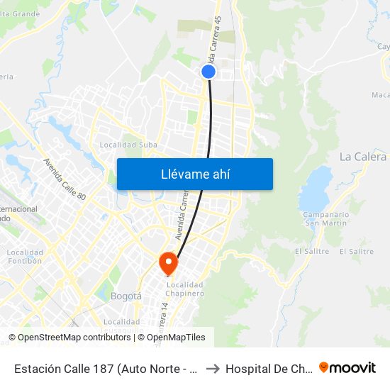 Estación Calle 187 (Auto Norte - Cl 187 Bis) (A) to Hospital De Chapinero map