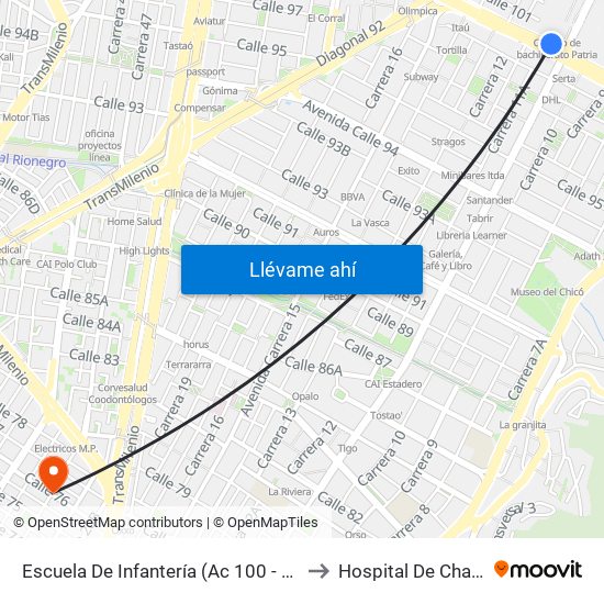 Escuela De Infantería (Ac 100 - Kr 11a) (B) to Hospital De Chapinero map