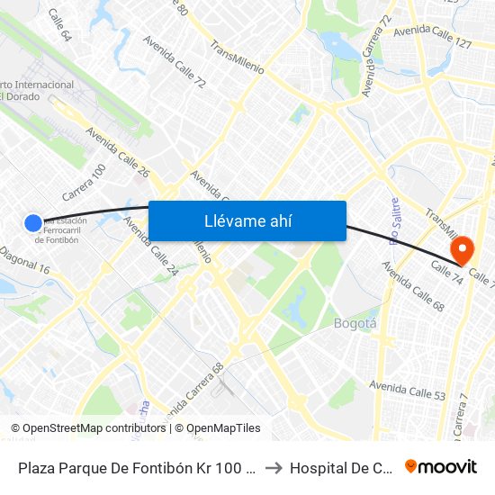 Plaza Parque De Fontibón Kr 100 (Kr 100 - Cl 17a) to Hospital De Chapinero map