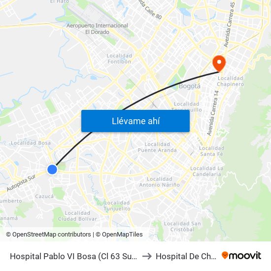 Hospital Pablo VI Bosa (Cl 63 Sur - Kr 77g) (A) to Hospital De Chapinero map