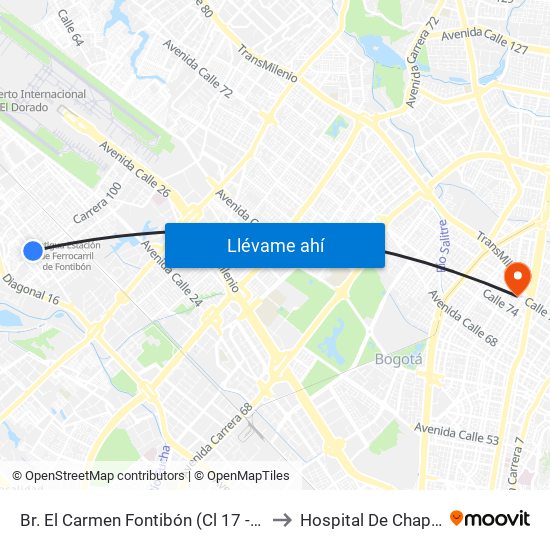 Br. El Carmen Fontibón (Cl 17 - Kr 100) to Hospital De Chapinero map