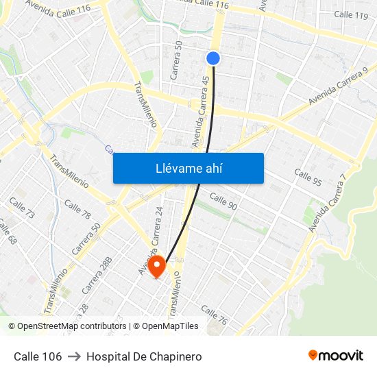 Calle 106 to Hospital De Chapinero map