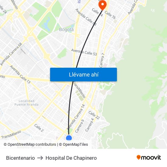 Bicentenario to Hospital De Chapinero map
