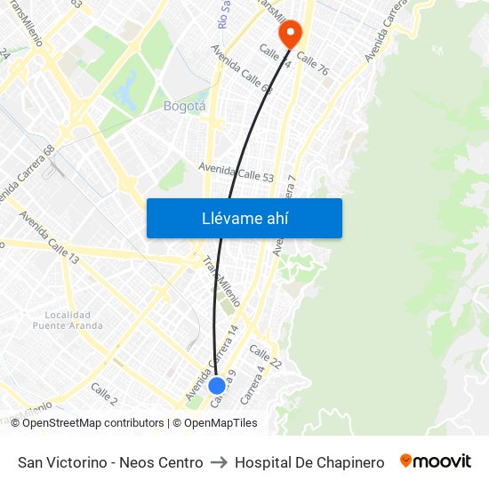 San Victorino - Neos Centro to Hospital De Chapinero map