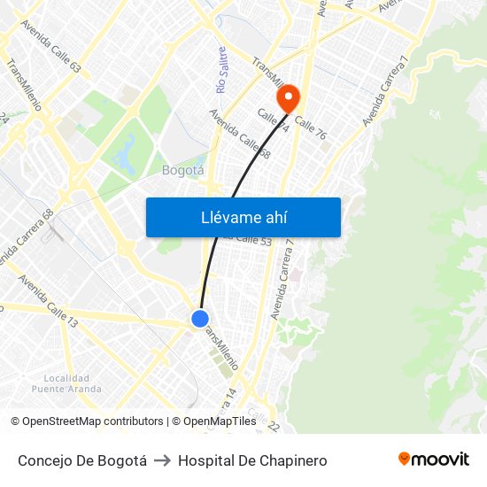 Concejo De Bogotá to Hospital De Chapinero map