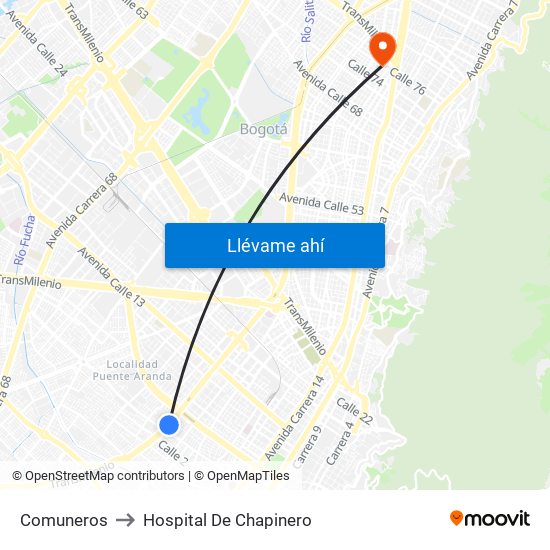 Comuneros to Hospital De Chapinero map