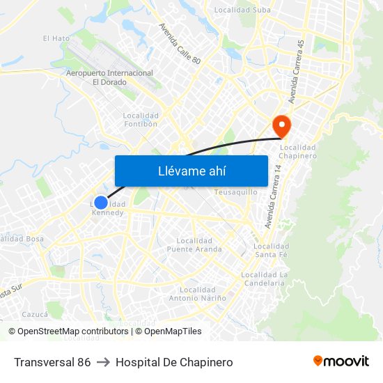 Transversal 86 to Hospital De Chapinero map