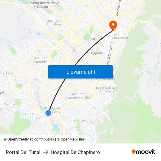 Portal Del Tunal to Hospital De Chapinero map