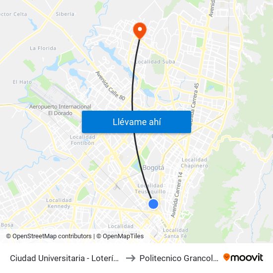 Ciudad Universitaria - Lotería De Bogotá to Politecnico Grancolombiano map