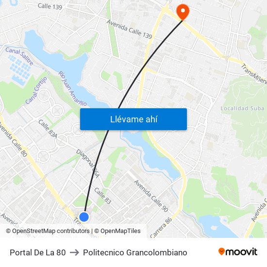 Portal De La 80 to Politecnico Grancolombiano map