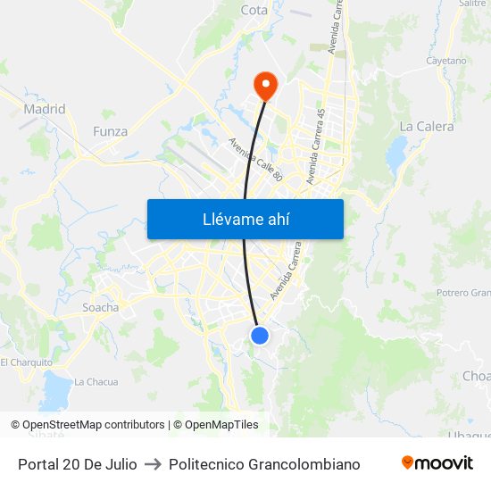 Portal 20 De Julio to Politecnico Grancolombiano map
