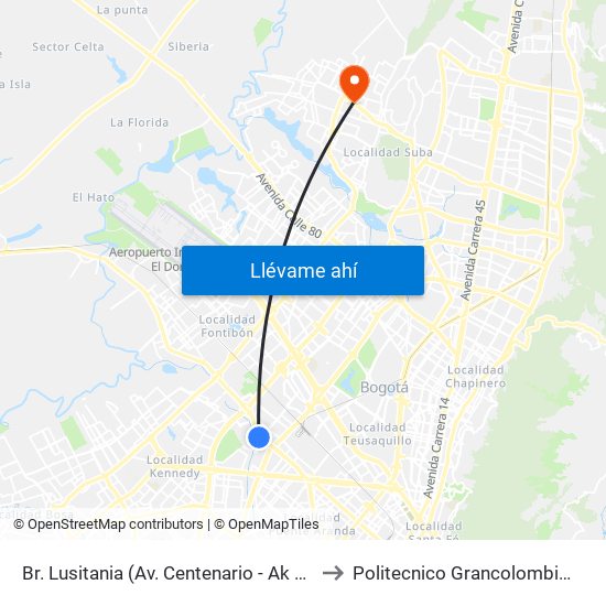 Br. Lusitania (Av. Centenario - Ak 68d) to Politecnico Grancolombiano map