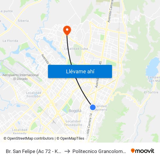 Br. San Felipe (Ac 72 - Kr 17) to Politecnico Grancolombiano map