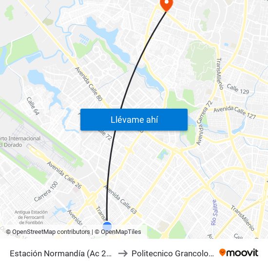 Estación Normandía (Ac 26 - Kr 74) to Politecnico Grancolombiano map