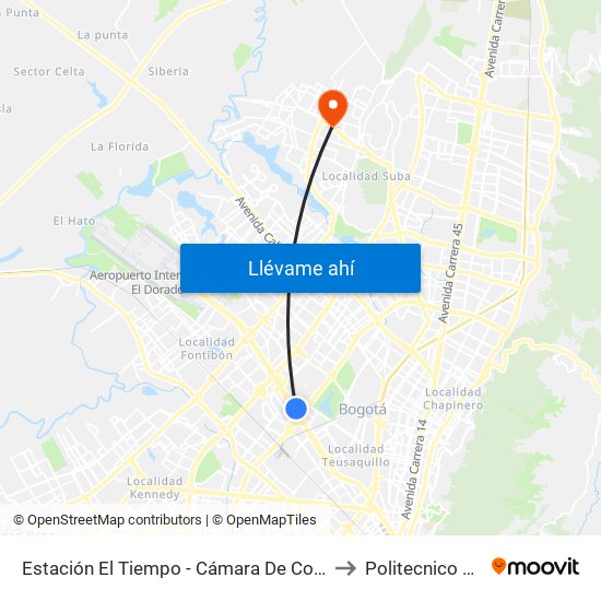Estación El Tiempo - Cámara De Comercio De Bogotá (Ac 26 - Kr 68b Bis) to Politecnico Grancolombiano map