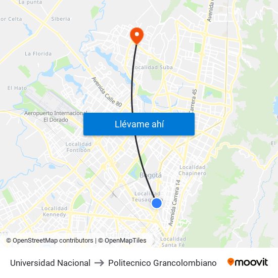 Universidad Nacional to Politecnico Grancolombiano map