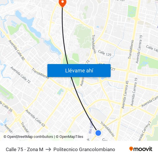 Calle 75 - Zona M to Politecnico Grancolombiano map