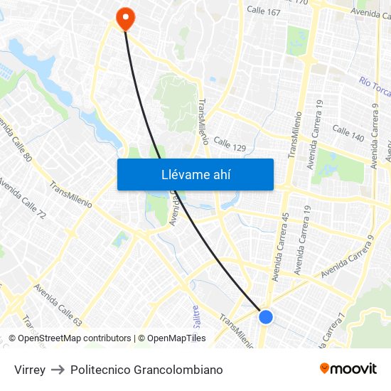 Virrey to Politecnico Grancolombiano map