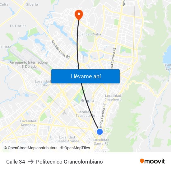 Calle 34 to Politecnico Grancolombiano map