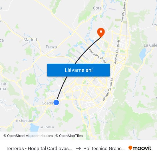 Terreros - Hospital Cardiovascular (Lado Sur) to Politecnico Grancolombiano map