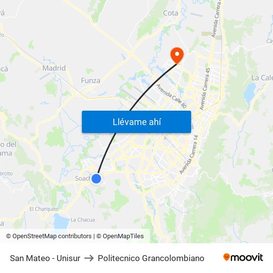 San Mateo - Unisur to Politecnico Grancolombiano map