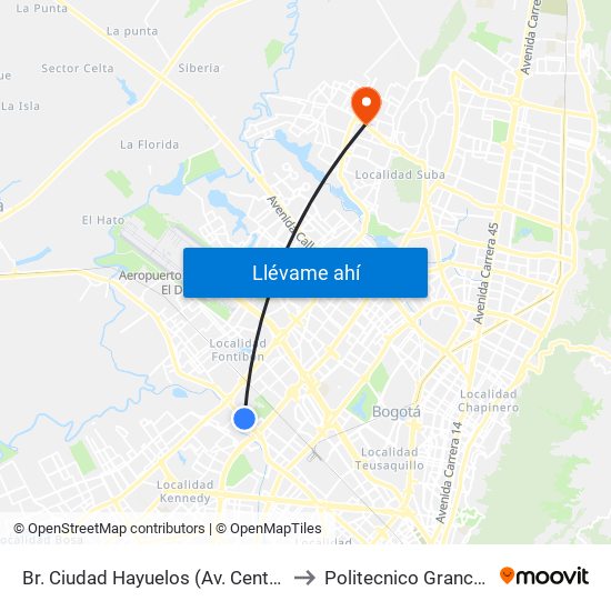 Br. Ciudad Hayuelos (Av. Centenario - Kr 78g) to Politecnico Grancolombiano map