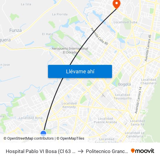 Hospital Pablo VI Bosa (Cl 63 Sur - Kr 77g) (A) to Politecnico Grancolombiano map