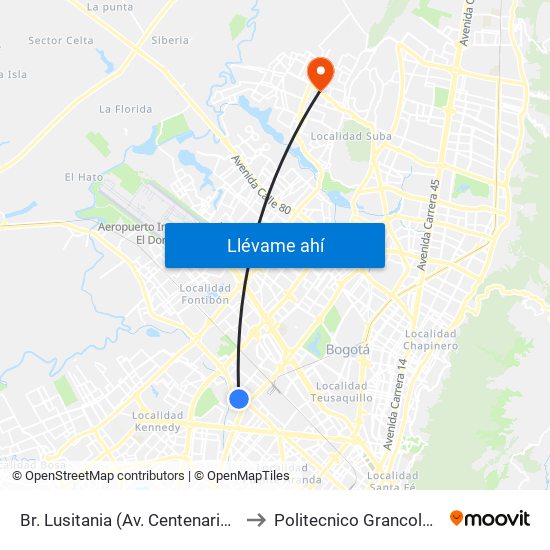 Br. Lusitania (Av. Centenario - Kr 68b) to Politecnico Grancolombiano map