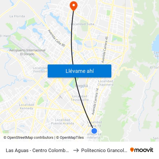 Las Aguas - Centro Colombo Americano to Politecnico Grancolombiano map