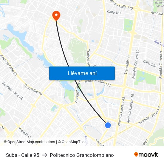 Suba - Calle 95 to Politecnico Grancolombiano map