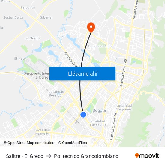 Salitre - El Greco to Politecnico Grancolombiano map