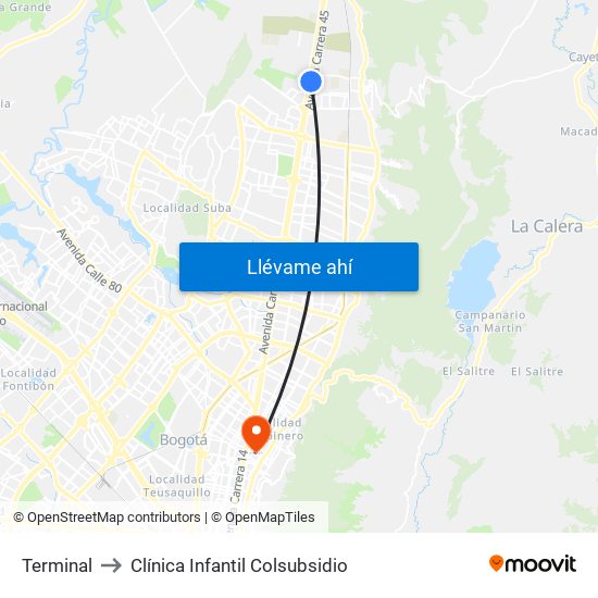 Terminal to Clínica Infantil Colsubsidio map