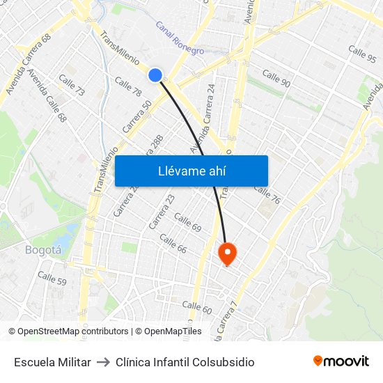 Escuela Militar to Clínica Infantil Colsubsidio map